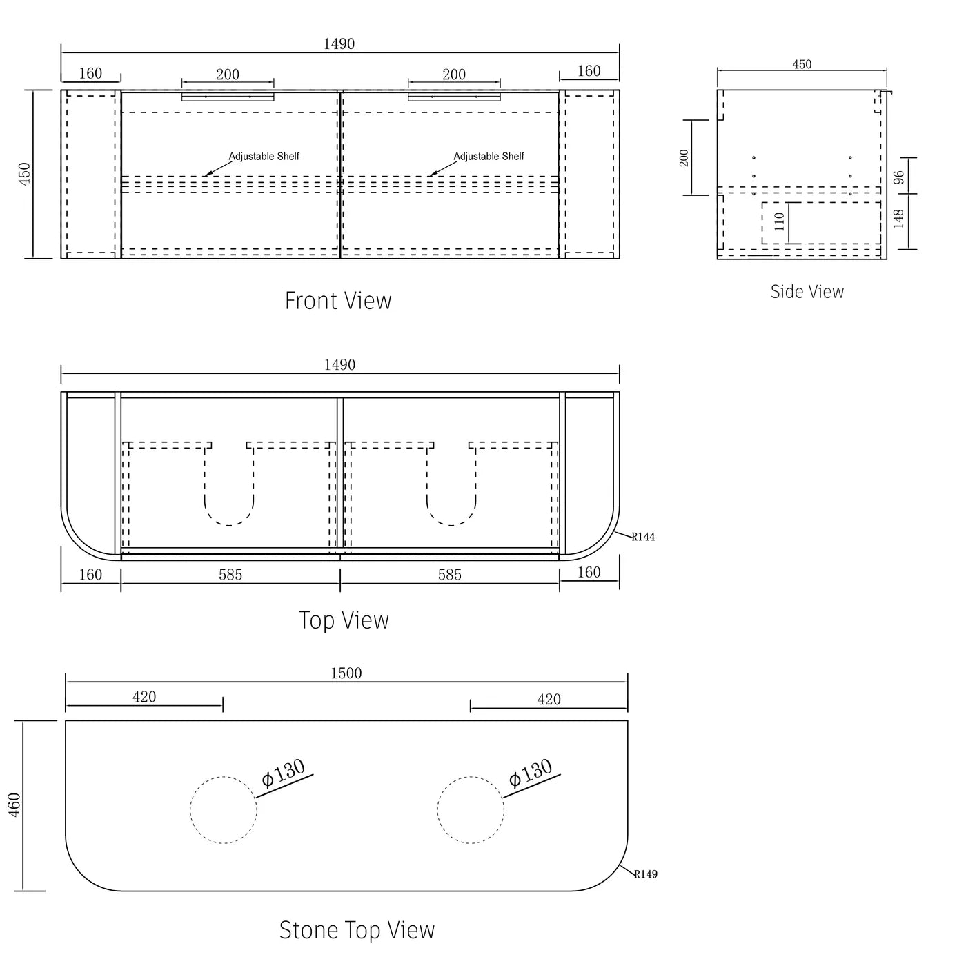 Otti Bondi Double Natural Oak Curve Wall Hung Vanity 1500mm