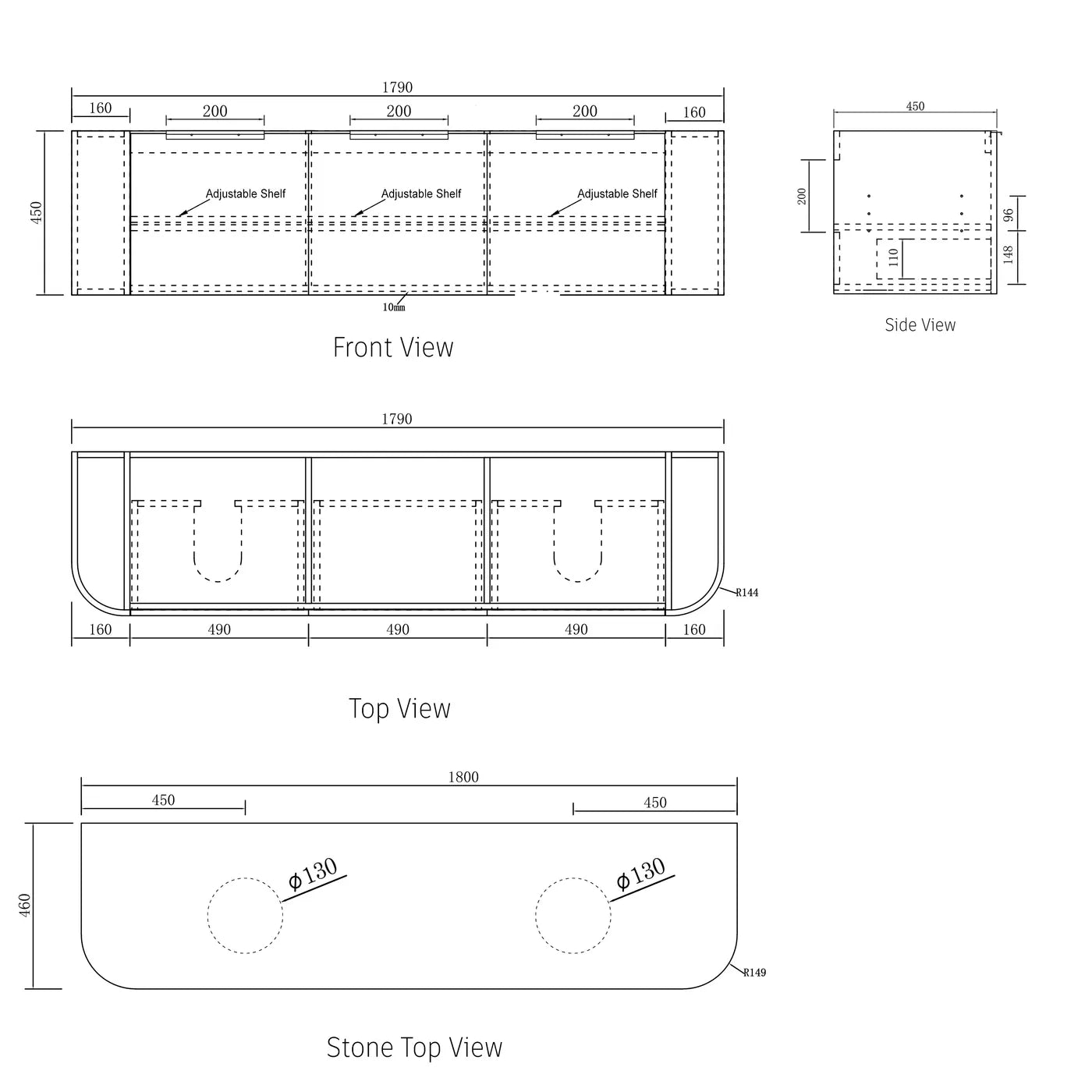 Otti Bondi Double Black Oak Curve Wall Hung Vanity 1800mm