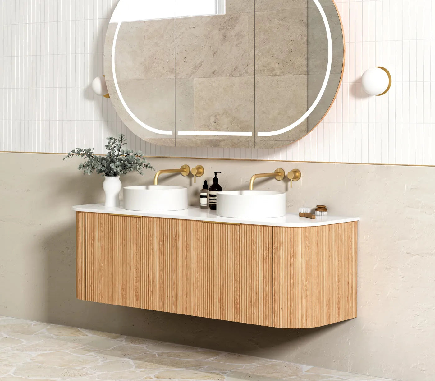 Otti Bondi Fluted Woodland Oak Curve Wall Hung Vanity 1500mm
