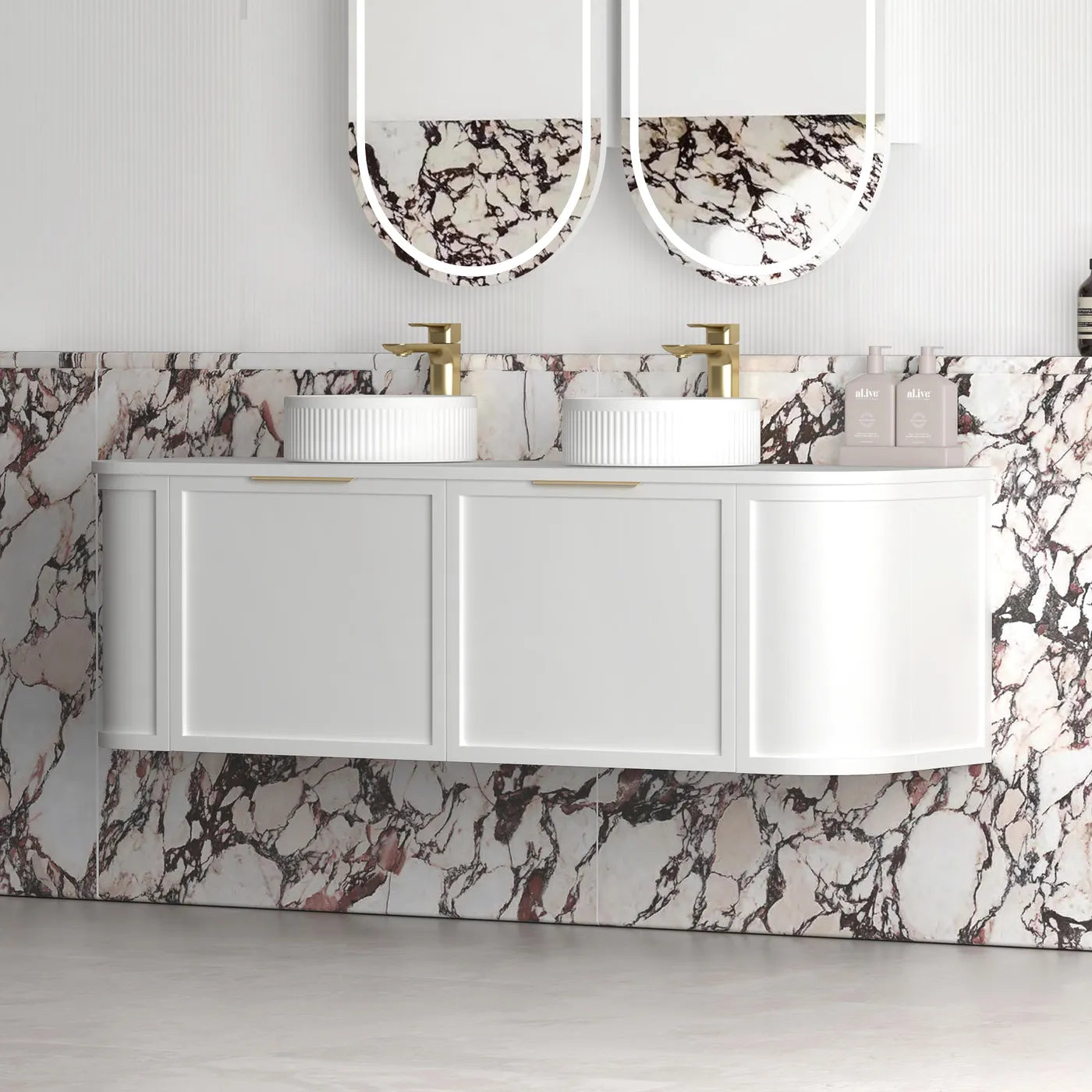 Otti Hampshire Satin White Wall Hung Curve Vanity 1500mm