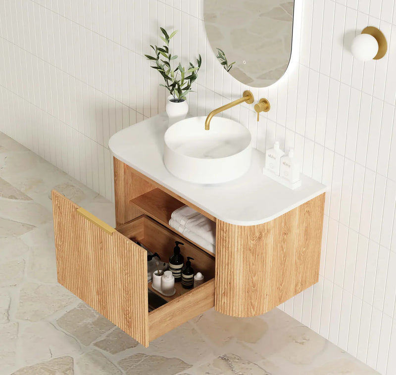 Otti Bondi Fluted Woodland Oak Curve Wall Hung Vanity 900mm