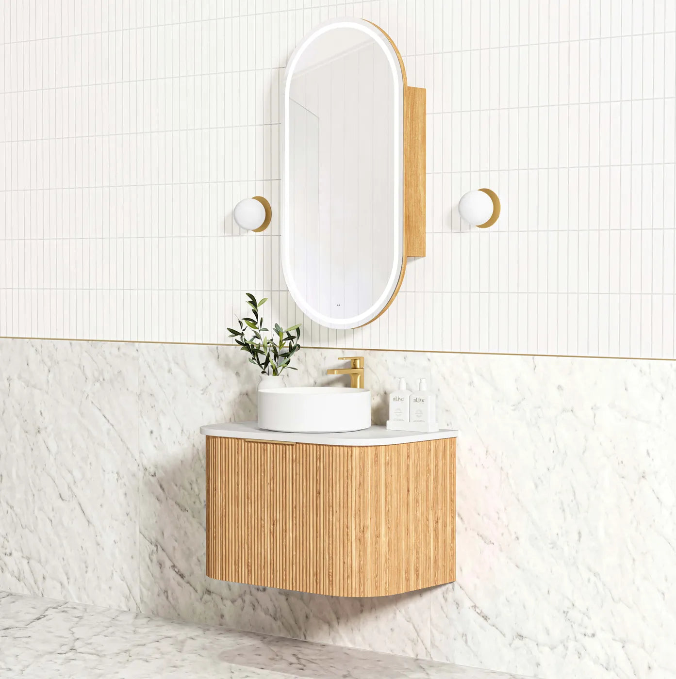 Otti Bondi Fluted Woodland Oak Curve Wall Hung Vanity 750mm