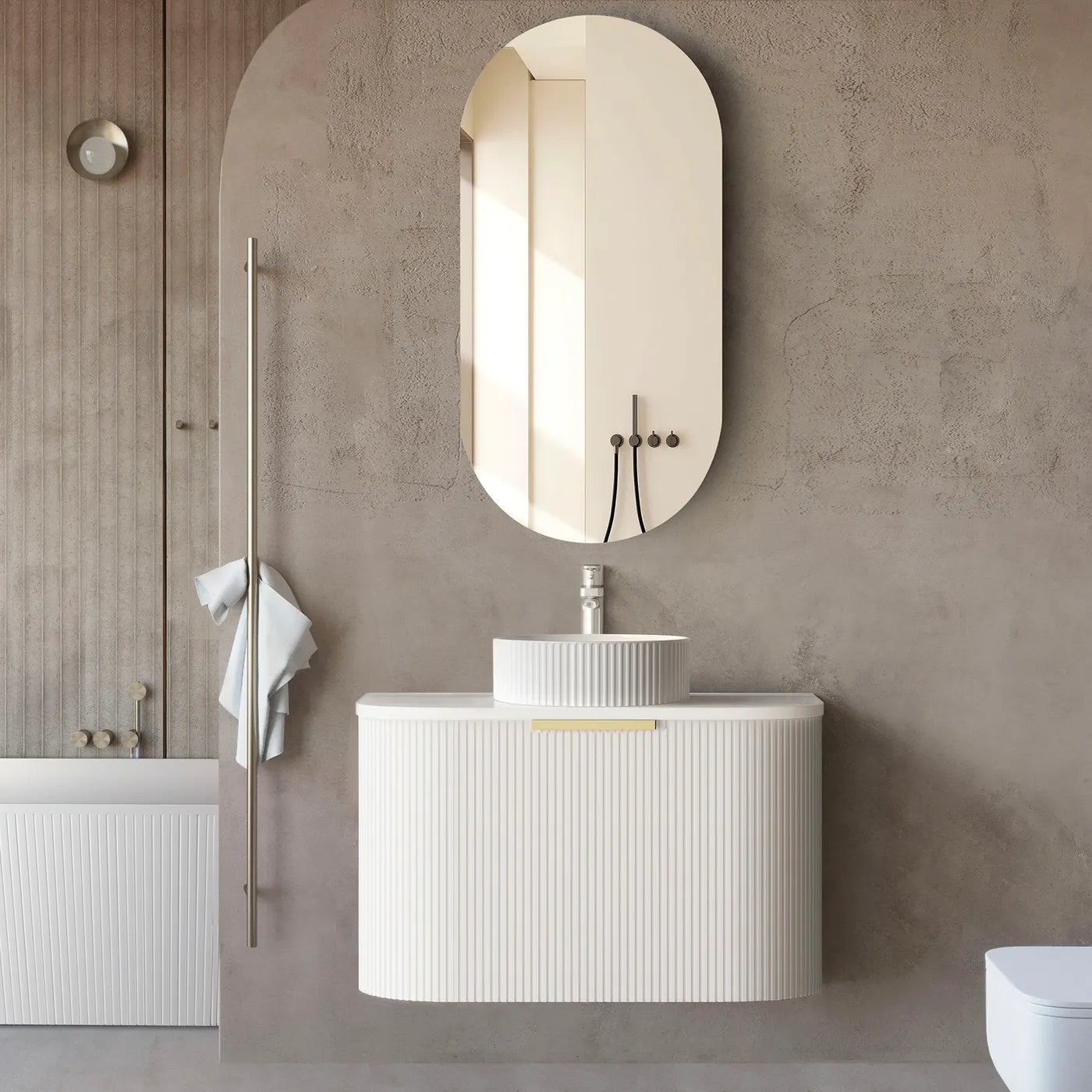 Otti Bondi Fluted Satin White Curve Wall Hung Vanity 750mm