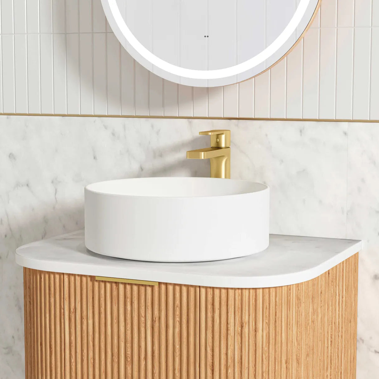 Otti Bondi Fluted Woodland Oak Curve Wall Hung Vanity 600mm