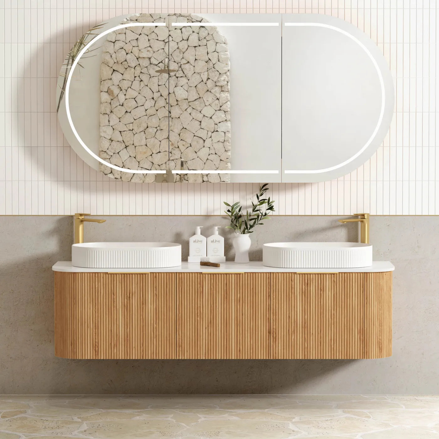 Otti Bondi Fluted Woodland Oak Curve Wall Hung Vanity 1800mm