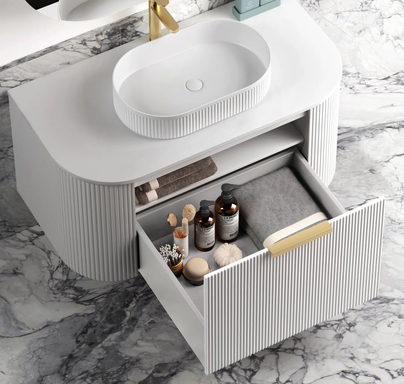 Otti Bondi Fluted Satin White Curve Wall Hung Vanity 750mm
