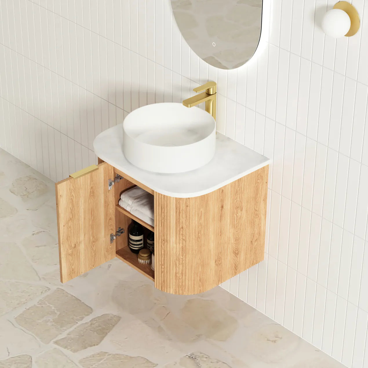Otti Bondi Fluted Woodland Oak Curve Wall Hung Vanity 600mm