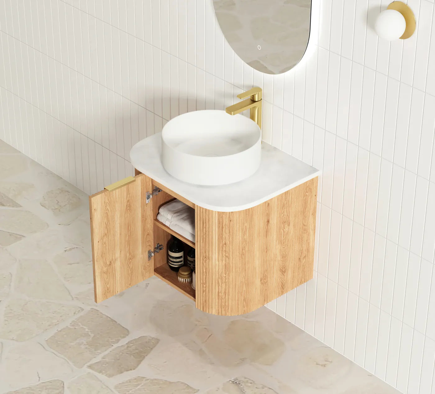 Otti Bondi Fluted Woodland Oak Curve Wall Hung Vanity 600mm