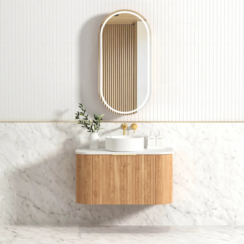 Otti Bondi Fluted Woodland Oak Curve Wall Hung Vanity 900mm