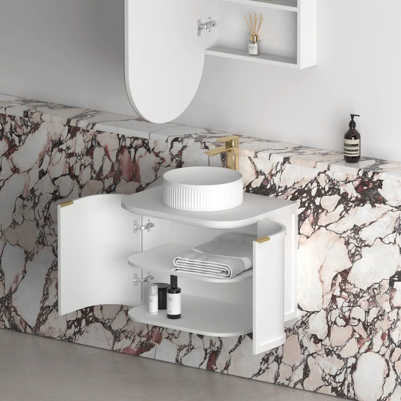 Otti Hampshire Satin White Wall Hung Curve Vanity 600mm