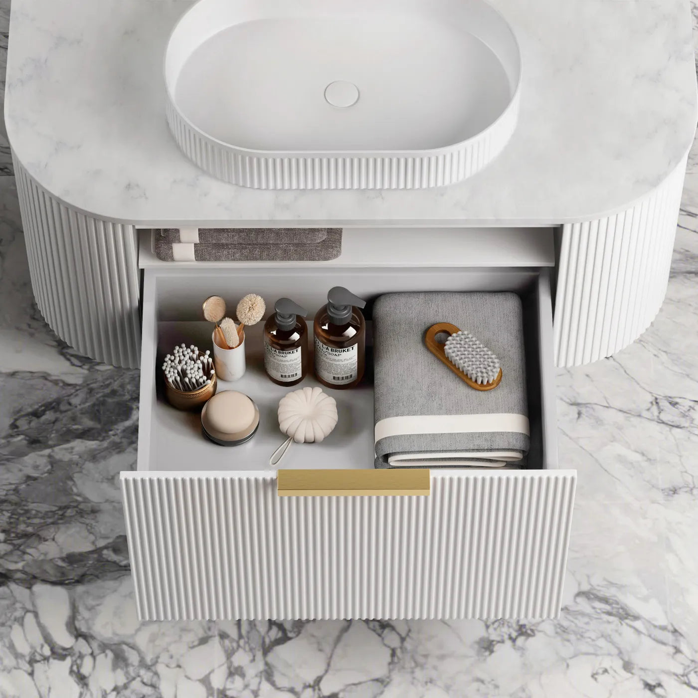 Otti Bondi Fluted Satin White Curve Wall Hung Vanity 750mm