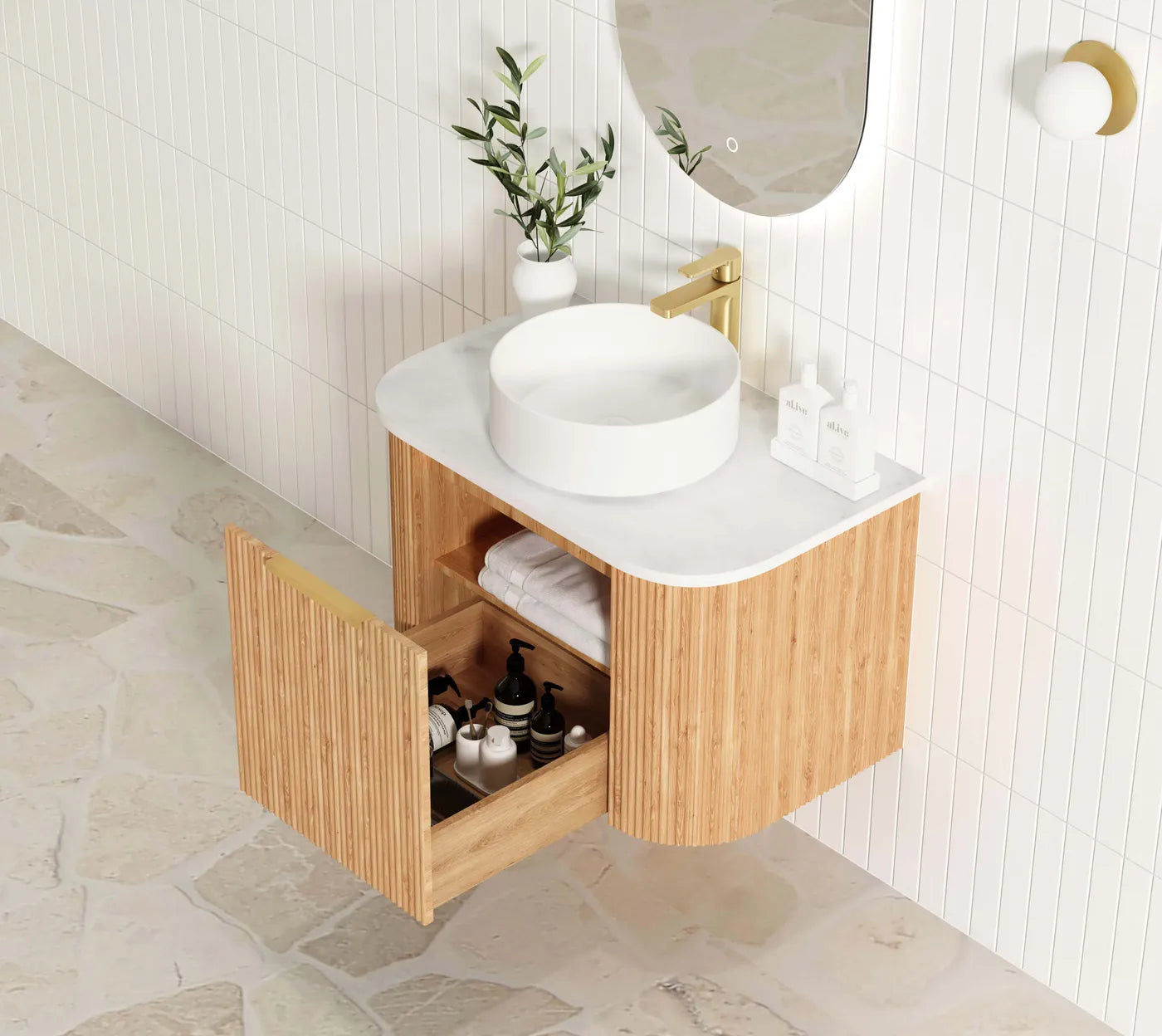 Otti Bondi Fluted Woodland Oak Curve Wall Hung Vanity 750mm