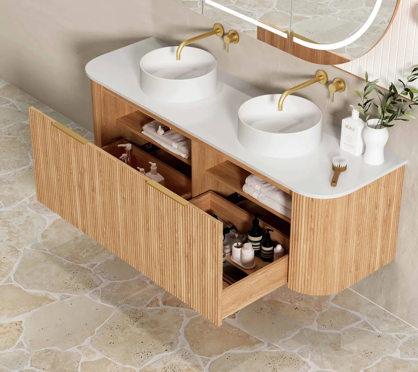 Otti Bondi Fluted Woodland Oak Curve Wall Hung Vanity 1500mm