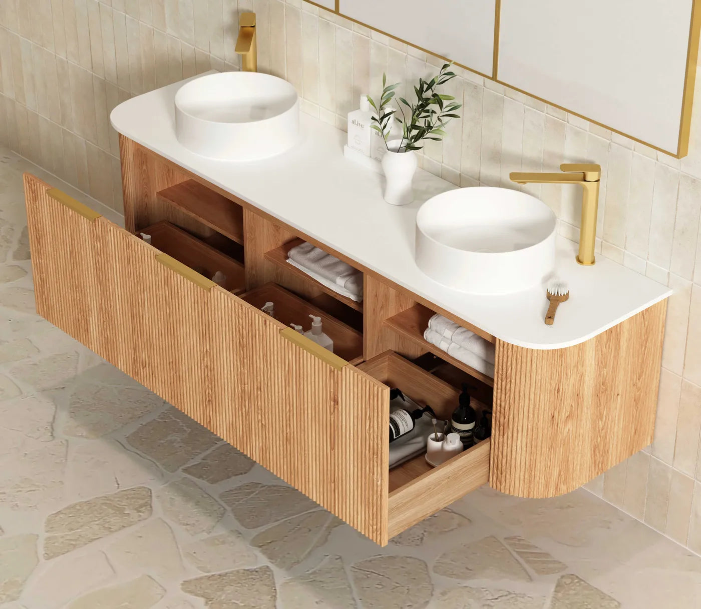 Otti Bondi Fluted Woodland Oak Curve Wall Hung Vanity 1800mm