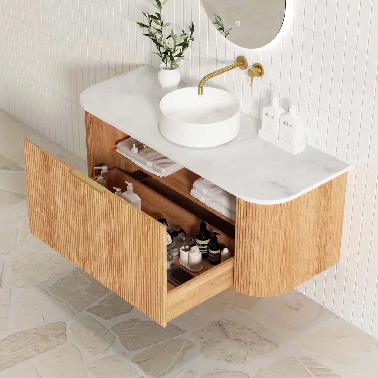 Otti Bondi Fluted Woodland Oak Curve Wall Hung Vanity 1200mm