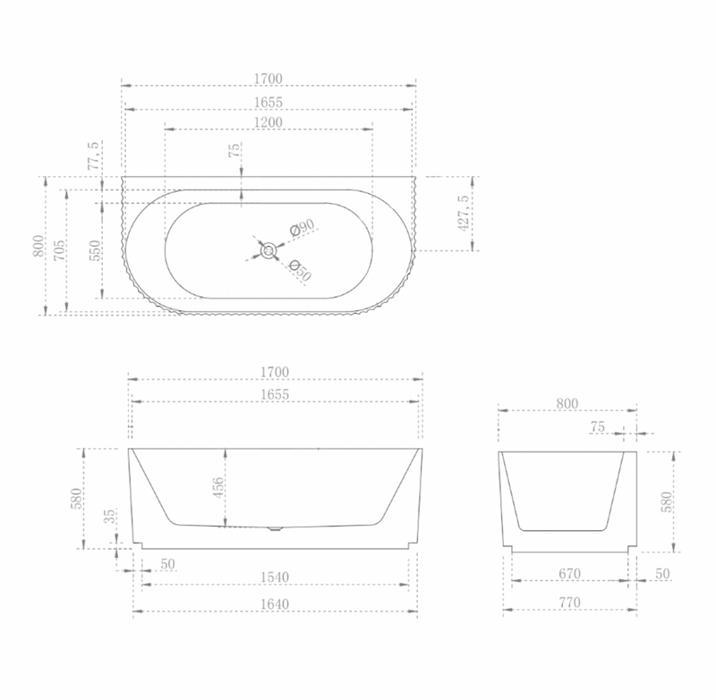 Donii Verona Groove Back to Wall Bath Matte Black 1500/1700