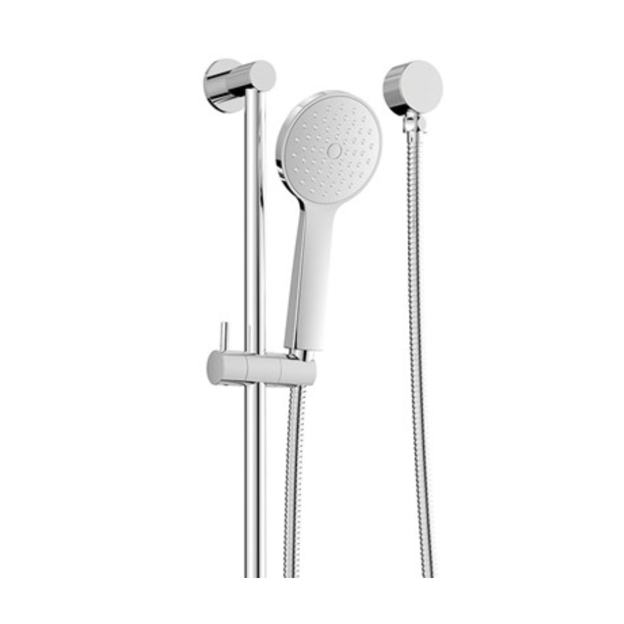 A polished chrome handheld shower system with a round shower head, flexible hose, and wall-mounted slide bar.