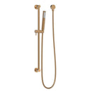 Brushed copper single rail shower with a sleek design and adjustable height, featuring a modern golden shower head and a vertical rod.