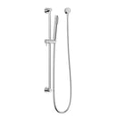 Chrome slimline single rail shower with adjustable height and a sleek design.