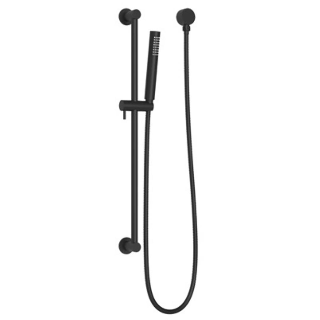 Matte black single rail shower with a sleek design and adjustable height, featuring a hand-held shower head and a fixed rail.