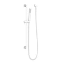 A matte white single rail shower with a sleek design, featuring a hand-held shower head and an adjustable rail.