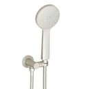 Brushed nickel hand shower on a hook with a slimline design 