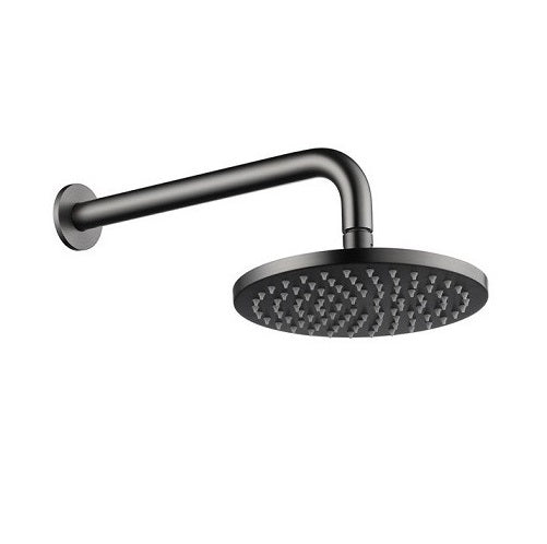 Brushed gunmetal wall shower head with a modern circular design and adjustable head.