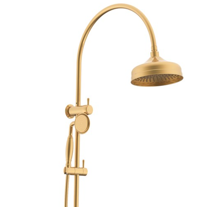 A brushed brass twin shower with a gooseneck design, including a handheld showerhead and a fixed showerhead mounted on a wall.
