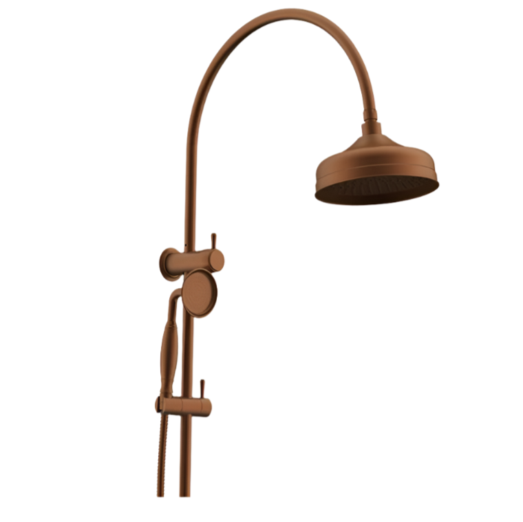A  nostalgic brushed copper twin shower set with a gooseneck arm and two shower heads.