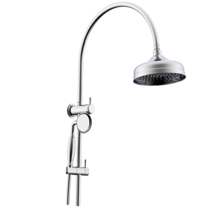 A chrome twin shower faucet with a gooseneck design, featuring a single handle and a rain shower head.