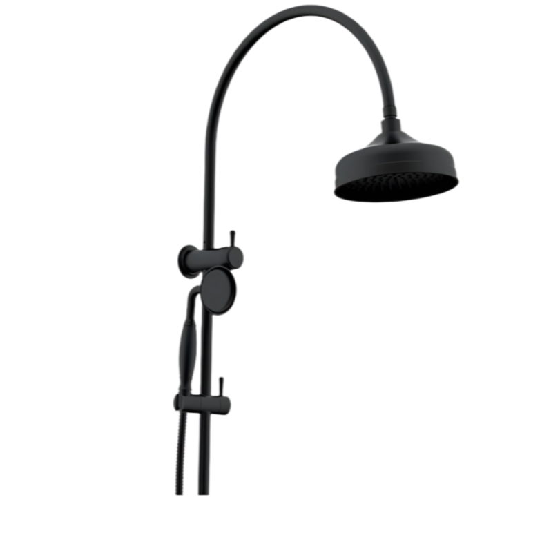 A matte black twin shower head with a gooseneck arm and adjustable ball joint.
