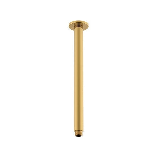A 300mm brushed brass ceiling dropper shower arm.