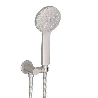 A chrome hand-held shower head with a hook, featuring a slimline design and multiple nozzles for a luxurious shower experience.