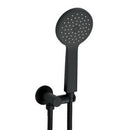 A matte black hand-held shower on a hook, with a slimline design and multiple nozzles.