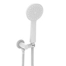 A matte white hand-held shower on a bracket, with a slimline design and multiple nozzles.