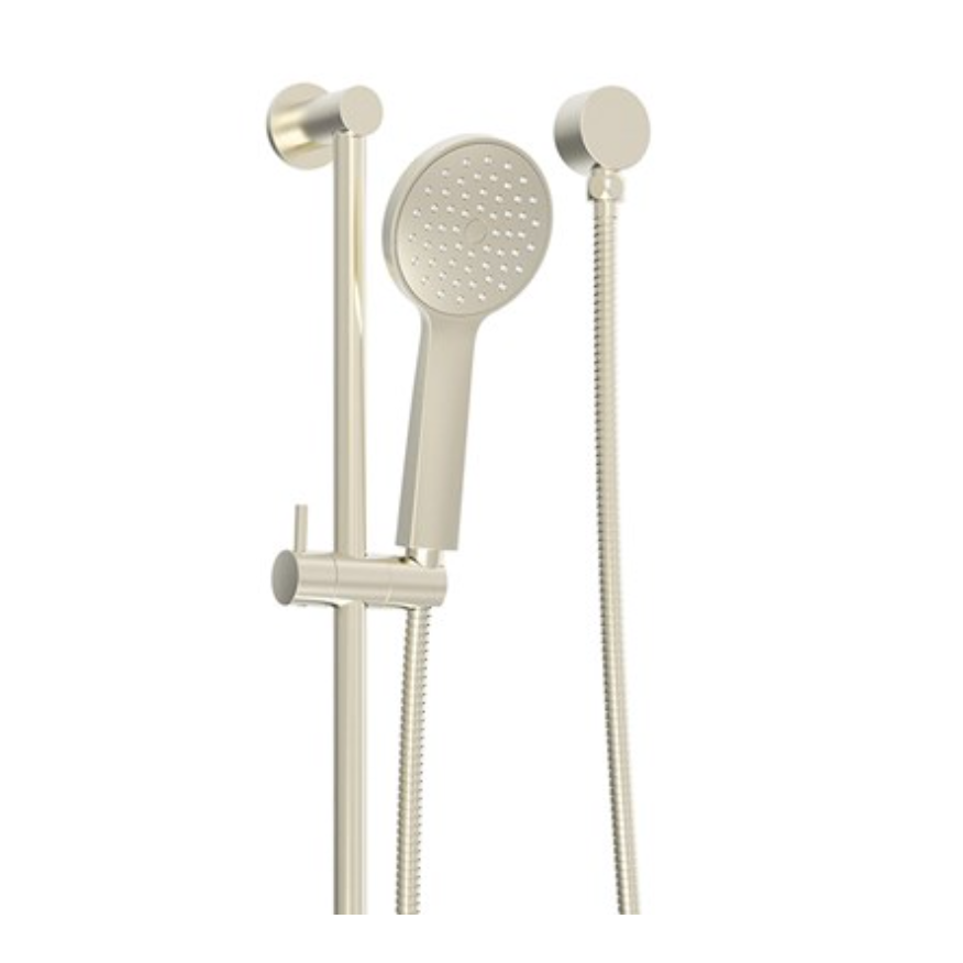A modern wall-mounted shower system with a round handheld showerhead, flexible hose, and adjustable sliding bar in a brushed nickel finish.
