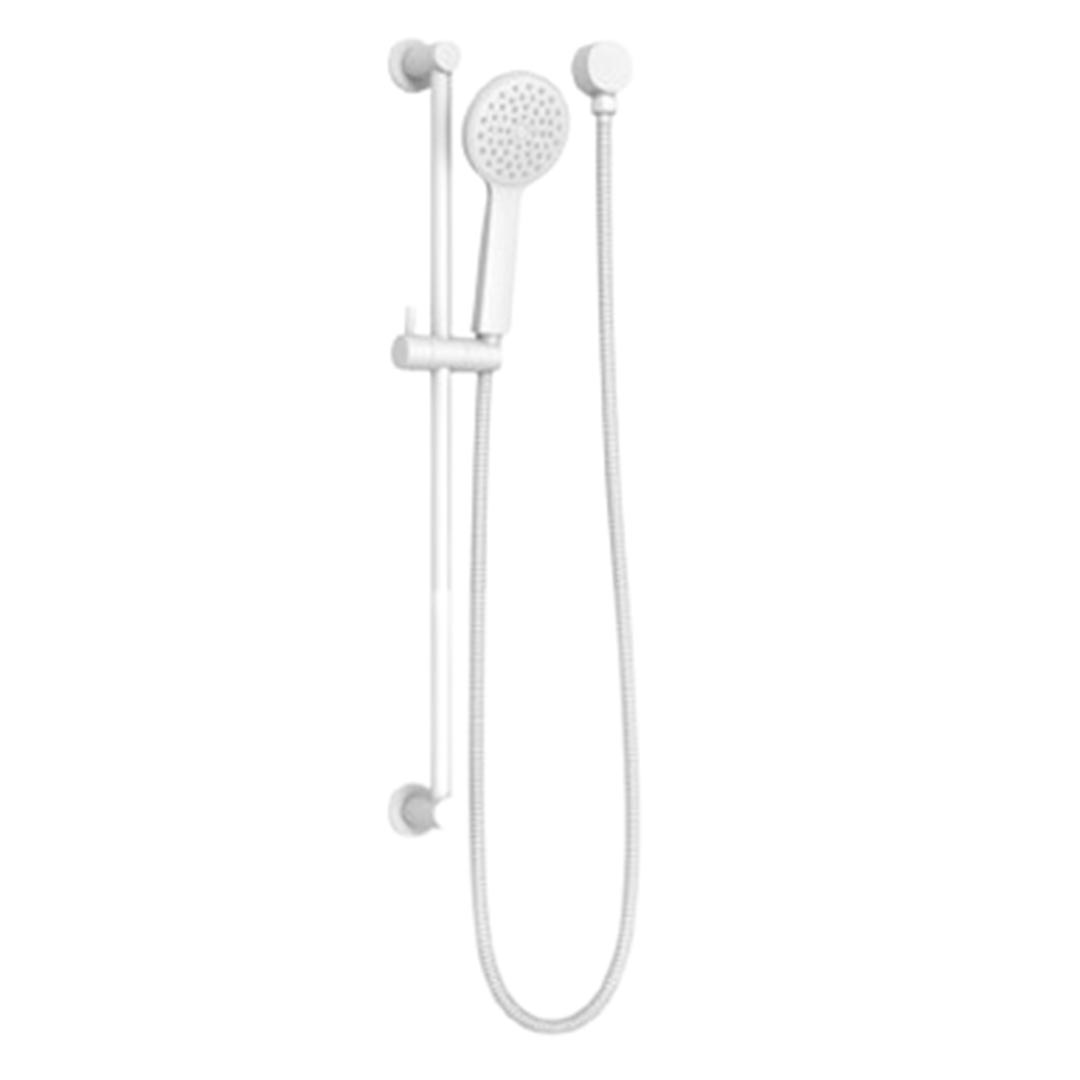 White hand held shower head on a rail 