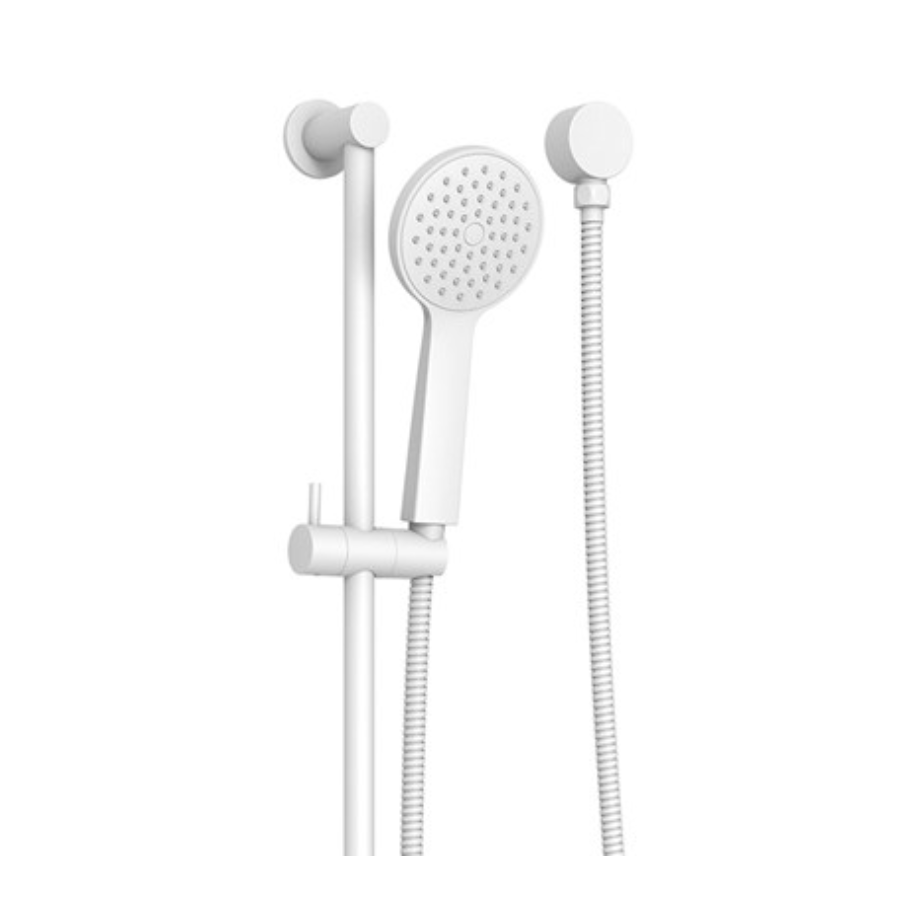 White handheld shower head with a flexible hose and wall-mounted slide bar.