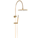 A brushed brass shower set with a gooseneck design, including a overhead rain shower head and a handheld shower unit.