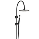 Gooseneck matte black twin shower system, includes over head shower and sleek detachable hand held shower arm.