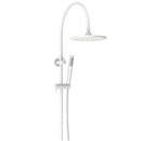 A matte white gooseneck twin shower set with a handheld shower arm and rainfall shower head.