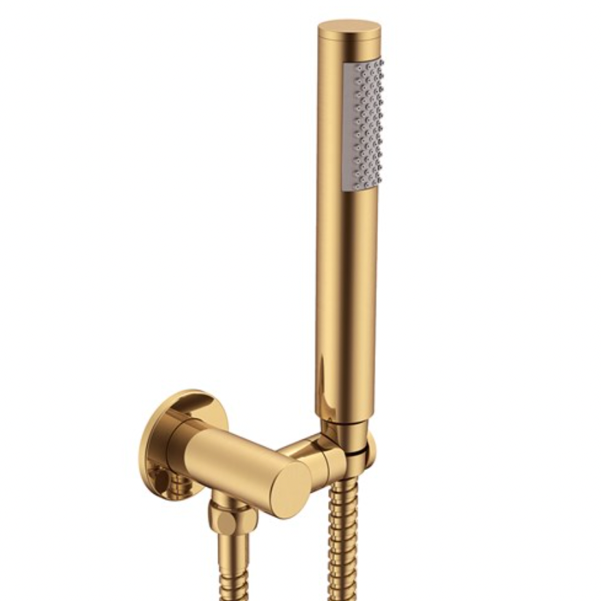 hand held brushed brass shower on a bracket