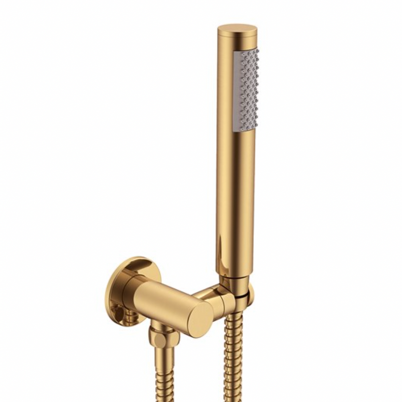 hand held brushed brass shower on a bracket