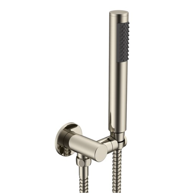 hand held brushed nickel shower on a bracket