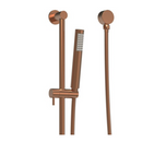 Brushed copper single rail shower with a sleek design and adjustable height, featuring a modern copper shower head and a vertical rod.