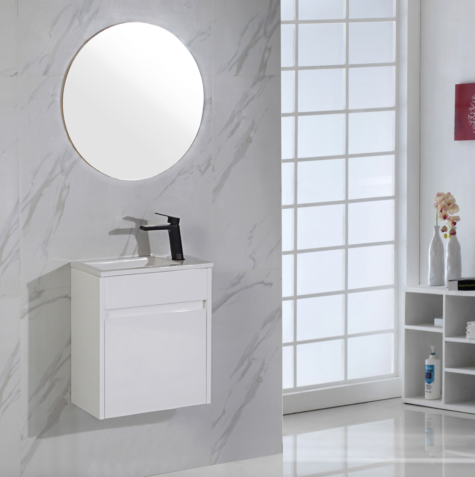 Bathroom Wall hung compact white vanity cabinet.