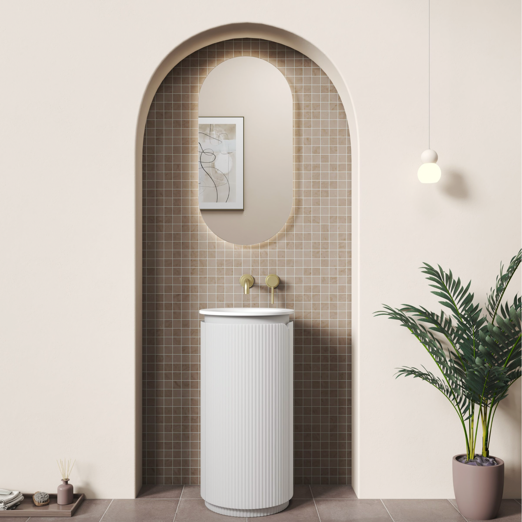 Modern bathroom with a white ceramic freestanding pedestal basin  against a tiled wall with an archway.