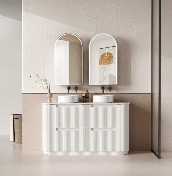 1500mm Curved v- groove double draw matte white floor standing vanity