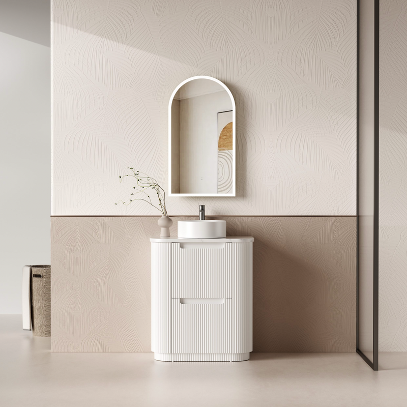 750mm Curved v- groove double draw matte white floor standing vanity
