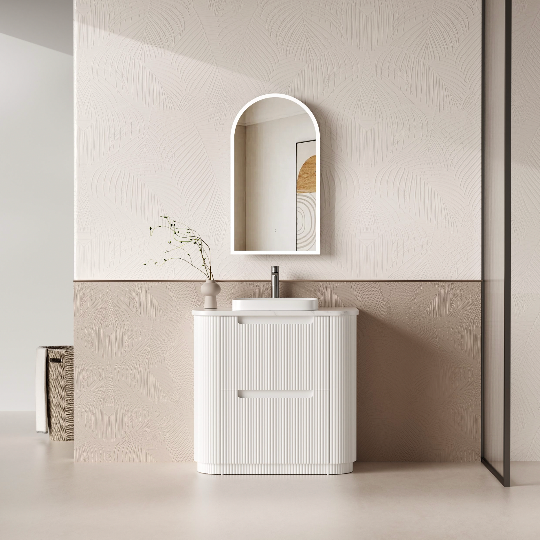 900mm Curved v- groove double draw matte white floor standing vanity